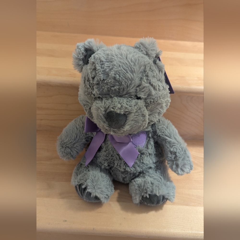 Gray Teddy Bear with Purple Bow